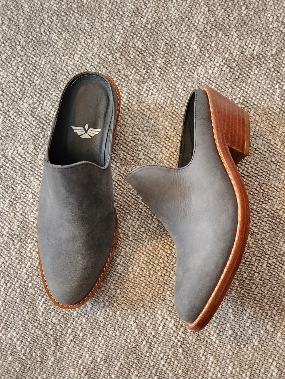 FORTRESS OF INCA Roolee Michelle Grey Blue Suede Mules Stacked Hill, Size 5 US